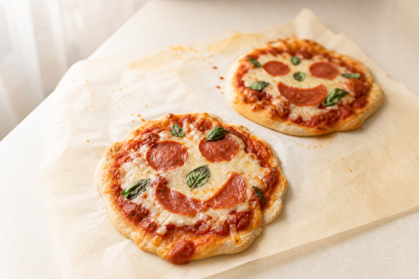 Two small homemade pizzas made by children